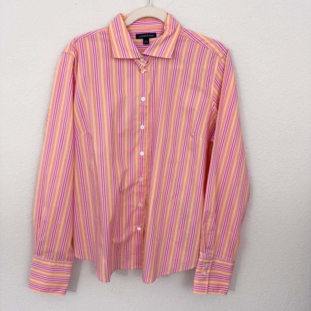 Lands' End Womens Button Shirt Size 18 Striped Classic Crisp Summer Orange